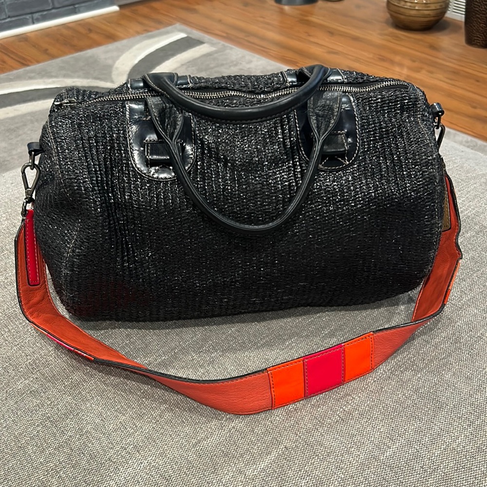 Meredith Wendell purse mini duffel bag black straw pockets shoulder strap